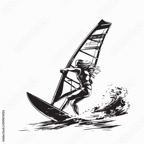 Woman Windsurfing Adventure with Long Hair Flowing in Wind Vector Illustration