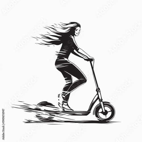 Active Young Woman Riding Scooter with Hair Blowing in Wind Vector