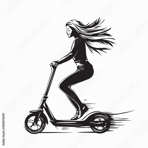 Active Young Woman Riding Scooter with Hair Blowing in Wind Vector