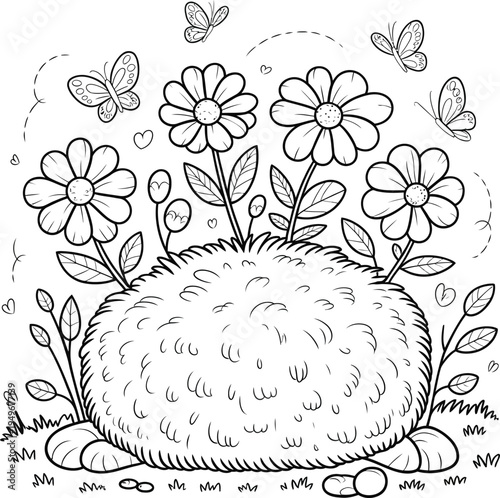 A cute fluffy creature hiding behind a beautiful bunch of blooming daisies with flying butterflies