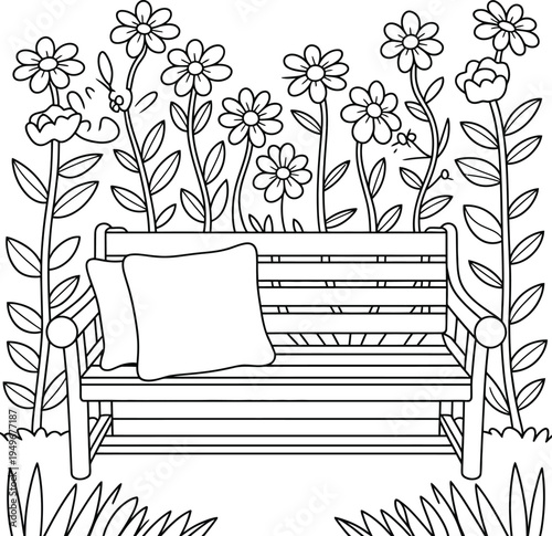 A peaceful garden scene with a wooden bench nestled among blooming flowers for coloring fun