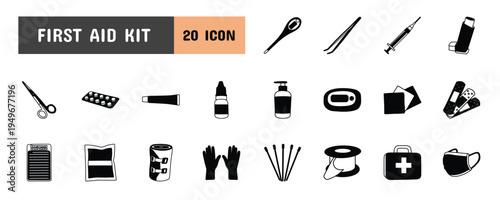 20 First Aid Kit Glyph Icon Illustration Set