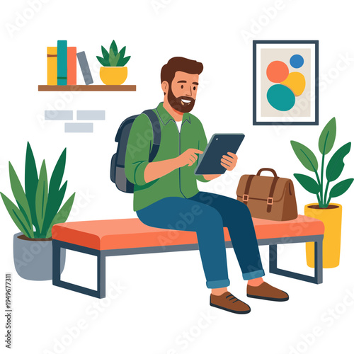 Man sitting on bench reading tablet in waiting area with plants