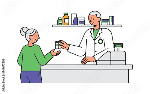 Illustration of a pharmacist handing medication to a customer across a counter in a pharmacy with a simple line art style and a clean white background.