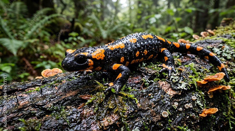 Fototapeta premium Vibrant Fire Salamander resting on a moss-covered log in a lush, damp forest environment
