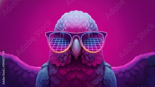 Vibrant parrot portrait featuring glowing neon grid glasses against an intense magenta background embodying digital cool and futuristic avian style