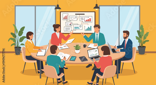A diverse team of professionals holds a business meeting in a modern office, collaborating around an oval table with charts, laptops, and documents.