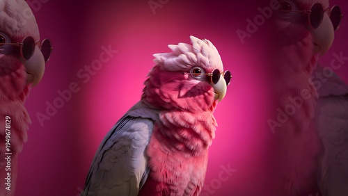 Stylish pink galah parrot wearing small round sunglasses posing confidently against a vibrant magenta background in a close up portrait shot