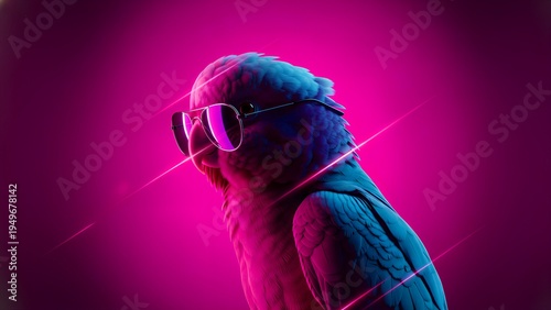 A digitally rendered blue parrot wearing stylish pink sunglasses, set against an electrifying neon fuchsia background with dynamic glowing light streaks. This captivating image embodies a