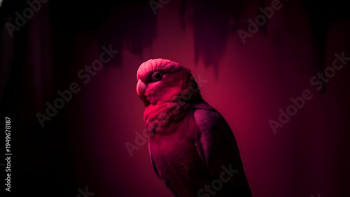 Striking portrait of a small parrot illuminated dramatically under intense magenta studio lighting against a deeply saturated dark background