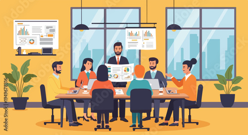 Eight professionals gather around a conference table in a modern office, engaged in a business meeting, discussing data and charts.