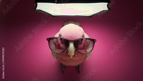Adorable rose breasted cockatoo wearing large dark framed eyeglasses posing directly for a high angle studio portrait against a vibrant magenta background under bright illumination