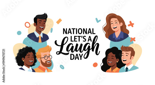 Illustration of diverse people laughing together on National Let's Laugh Day with colorful design elements and a joyful atmosphere.