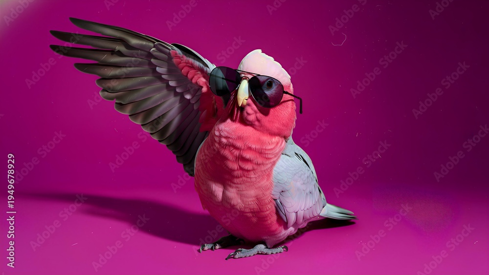 Naklejka premium Stylish galah parrot wearing dark aviator sunglasses posing confidently with one wing spread wide against a vibrant magenta background for a cool portrait