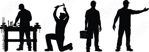 Construction handyman silhouettes set, workers repairing tools hammer toolbox workshop activity, professional labor occupation isolated black vector illustration collection