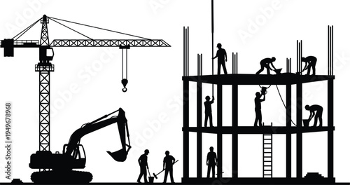 Construction site workers silhouettes with crane excavator and building frame, industrial construction team working on structure, engineering and contractor service vector illustration