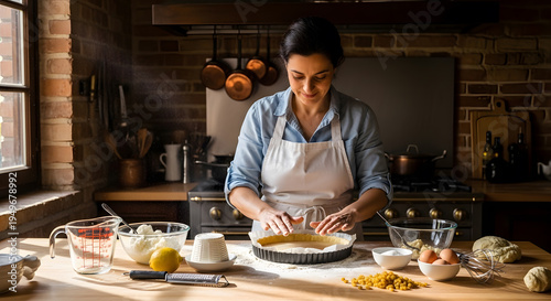 A smiling woman in an apron gently presses pastry dough into a tart tin on a wooden table surrounded by fresh baking ingredients
