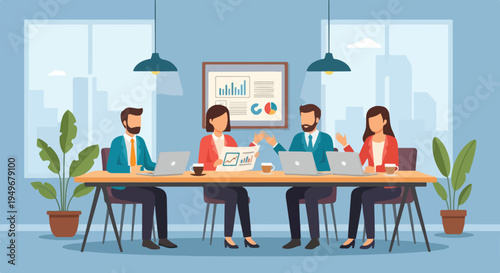 Four diverse business professionals collaborate in a modern office, analyzing data and discussing strategy around a conference table.