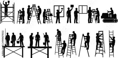 Construction workers silhouettes set, builders with ladder scaffold roller window tools, renovation maintenance team vector illustration, professional construction and repair service collection