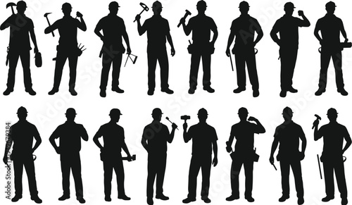 Construction workers silhouettes set, handyman builders with tools hammer drill equipment, professional labor occupation collection isolated black vector illustration