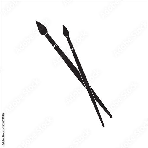  Carved silhouette flat icon, simple vector design. Two crossed paintbrushes. Artist's brushes for illustration of painting art, painting materials, school supplies. Symbol of creation, painting les