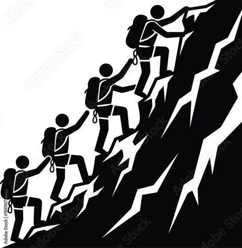 Silhouette climbers ascending steep mountain cliff together, teamwork support and leadership concept, adventure expedition reaching summit success