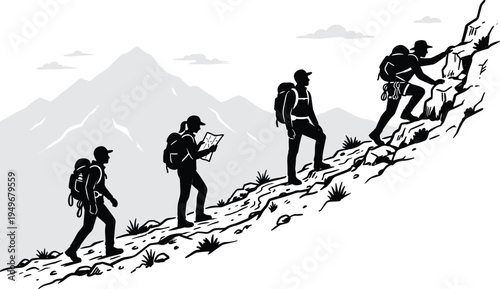 Silhouette group of hikers climbing steep mountain trail with backpacks and map, trekking adventure concept, outdoor exploration, teamwork, hiking journey illustration