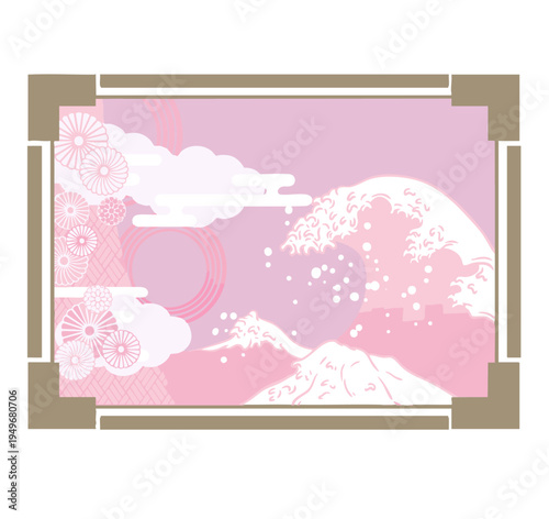 Japanese Pattern Square Frame with Great Wave Design