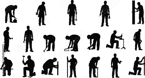 Handyman and construction worker silhouettes set, builder with hammer drill tools installing and repairing equipment, professional maintenance technician vector illustration collection