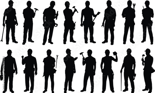 Handyman and construction workers silhouettes set, builders holding hammer wrench tools, professional labor occupation collection isolated black vector illustration