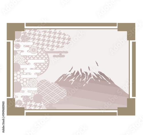 Japanese Pattern Square Frame with Mountain Landscape