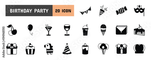 20 Birthday Party Glyph Icon Illustration Set