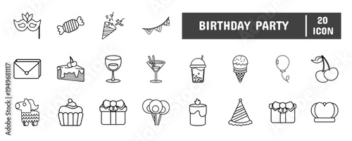 20 Birthday Party Line Icon Illustration Set
