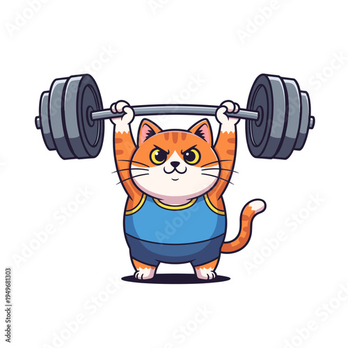 Strong Ginger Cat Weightlifting Barbell Bodybuilding Fitness Character Mascot
