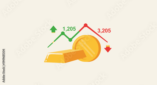 Financial concept illustration of gold bar and coin with price chart