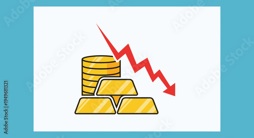 Financial decline concept with gold bars and falling arrow illustrated