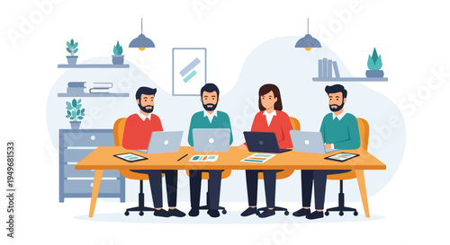 Four diverse business professionals collaborate at a modern office desk, working on laptops and tablets amidst minimalist decor.