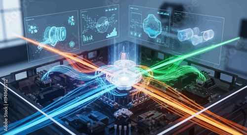 Abstract illustration of computer components and data visualization concept