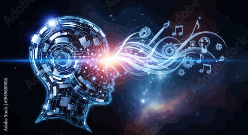 Abstract illustration of digital mind generating musical notes and ideas