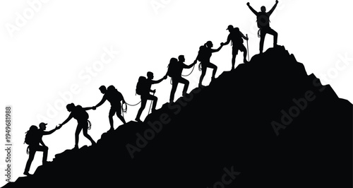 Silhouette team of climbers ascending steep mountain ridge, teamwork support and leadership success concept in adventure trekking expedition