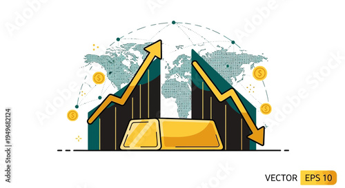 Financial market analysis graphic with rising and falling trends and gold bars