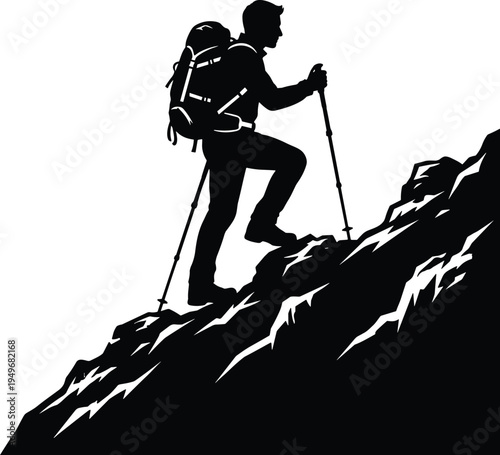 Hiker climbing steep mountain with trekking poles, adventure journey and determination concept, mountaineering silhouette illustration isolated on white background