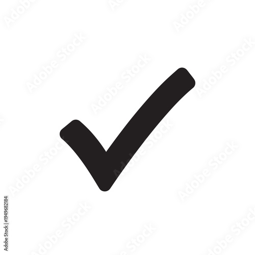 Solid Black Check Mark Icon, Simple 2D Flat Logo, Clean Silhouette Isolated on White Background