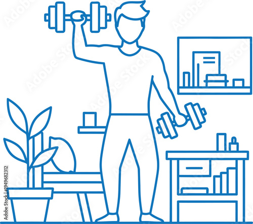 Man exercising with dumbbells in a home gym