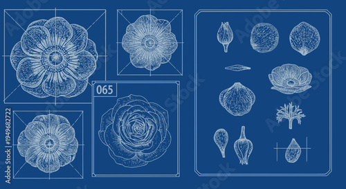 Blueprint floral illustration of flower parts and elements against a blue backdrop