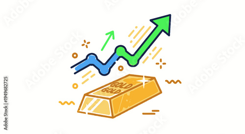 Rising arrow chart above a gold bar indicating financial growth