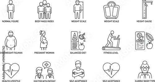 Body Health and Fitness Line Icons Set BMI Weight Scale Diet Exercise Medical Lifestyle Vector Illustration