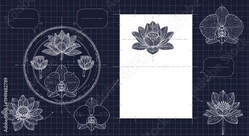 Blueprint of orchids and lotus flowers design on dark background