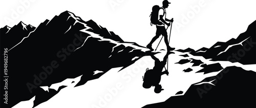 Hiker silhouette walking across mountain landscape with reflection in water, trekking adventure and exploration concept in dramatic alpine wilderness scene