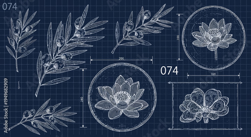 Botanical blueprint elements vector illustrations of olive branches and lotus flowers